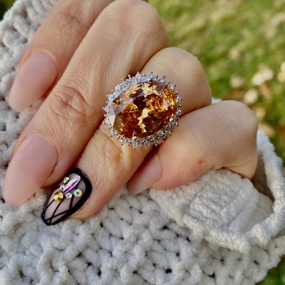 Gorgeous Huge 925 Silver Ring Champagne Crystal - Picture 7 of 15